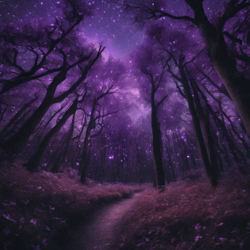 Uma floresta encantada envolta em sombras sob um céu estrelado roxo.
