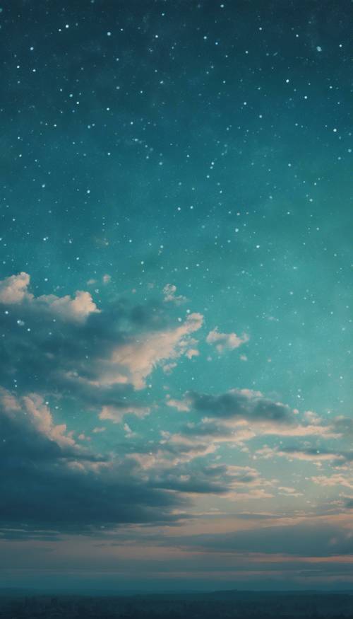 Um céu noturno tranquilo pintado em tons de verde-azulado e índigo