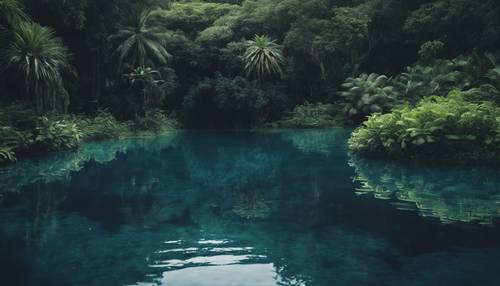 Dark blue waters of a secluded lagoon surrounded by lush vegetation