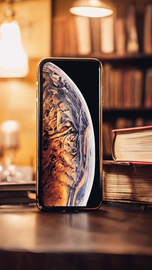 A gold iPhone XS Max displayed on top of a stack of books against a backdrop of cozy coffee shop ambiance.