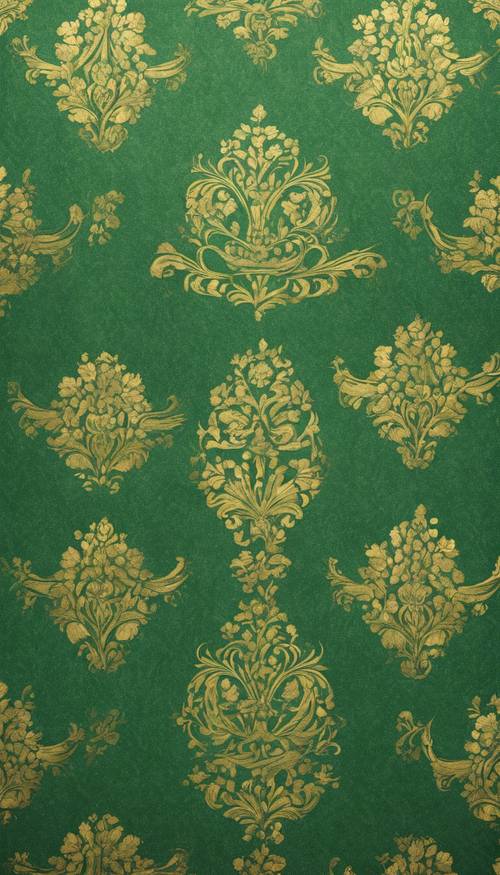 A vintage-style notebook with a cover made from shiny green and gold damask fabric.