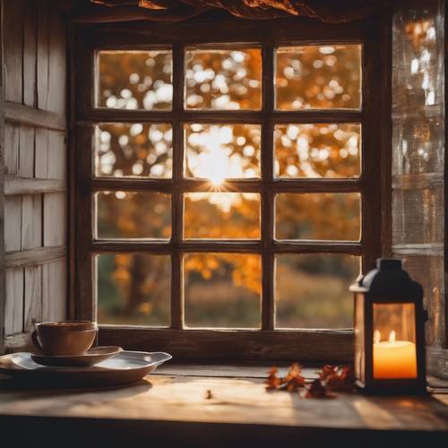 A warm, comforting, peaceful glow emitting from a window of a rustic cottage during a cool autumn evening.