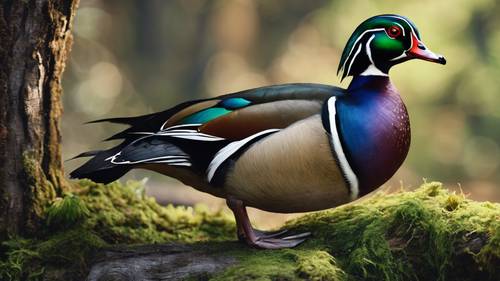 Handsome wood duck with iridescent plumage resting on an ancient moss-covered tree trunk.