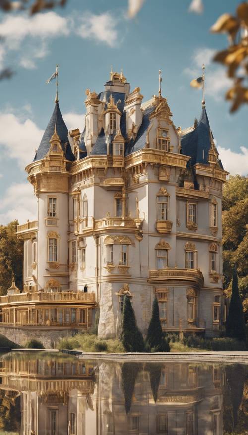 Beżowy zamek z XIX wieku ze złotymi wykończeniami pod czystym, błękitnym niebem.
