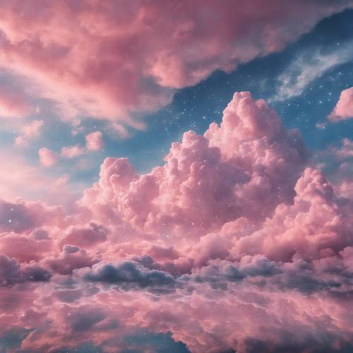 ภาพจิตรกรรมฝาผนังบนท้องฟ้าที่มีเมฆสีชมพูและสีฟ้าพาสเทลแขวนอยู่ในผืนผ้าใบยามพลบค่ำ