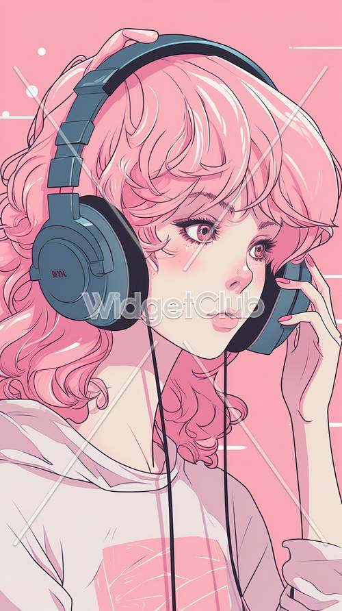 음악을 듣고 핑크 머리 소녀