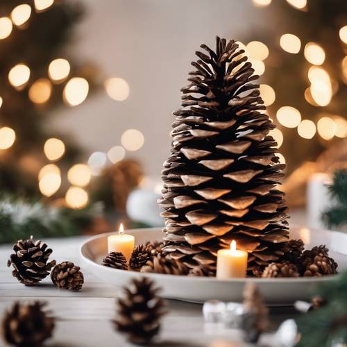 Pine cone Christmas tree on a simple white platter surrounded by tea lights