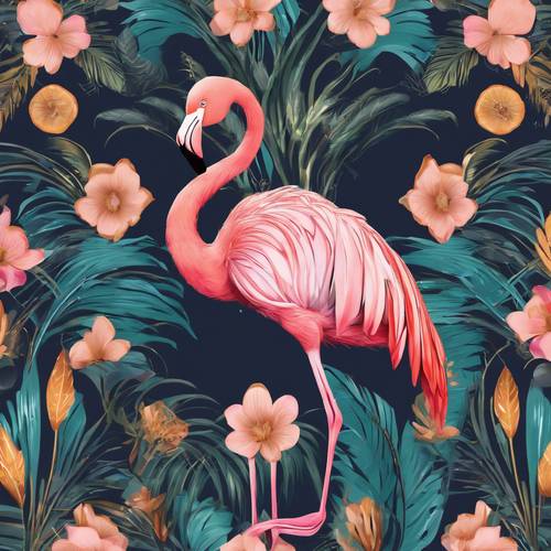 Un flamant rose posé avec grâce, redessiné dans un style Art déco vibrant avec un fond floral