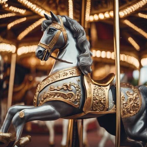 Kuda carousel antik dengan detail pola garis emas di pelananya.