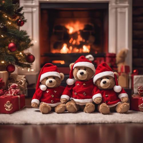 An adorable family of teddy bears adorned in red Santa outfits, sitting by a fireplace in a cozy Christmas setting.