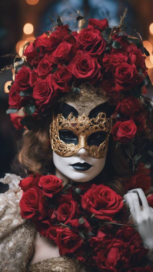 Um retrato agridoce de um baile de máscaras veneziano, decorado com guirlandas de rosas vermelhas e lírios de ébano.
