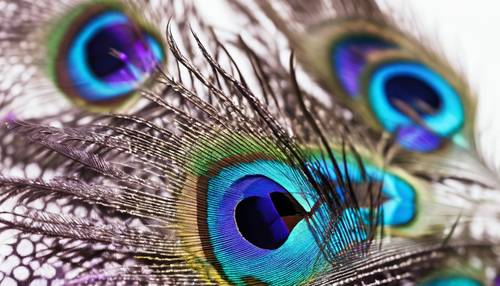 Vibrant, spread peacock feathers with blue and purple eye spots highlighted on a white background.