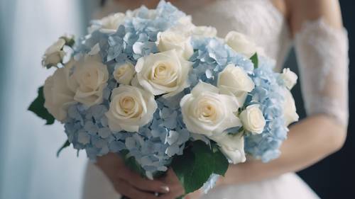 A meticulously crafted bridal bouquet featuring pale blue hydrangeas and delicate white roses.