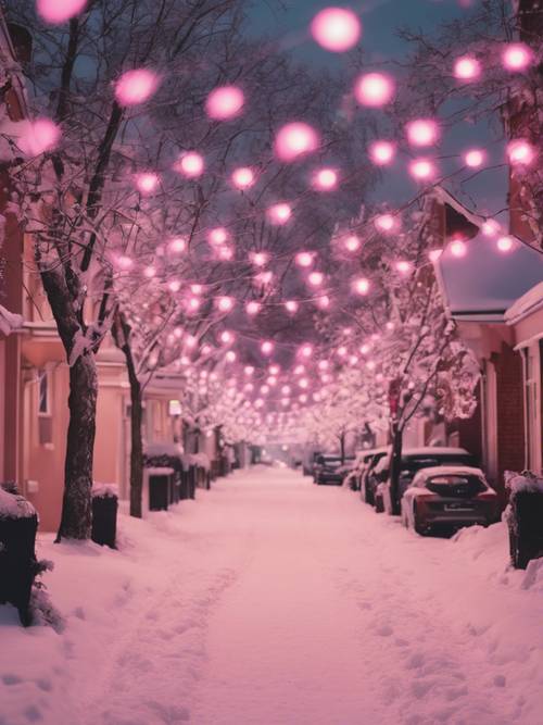 A snowy street lined with houses adorned in pink Christmas lights.