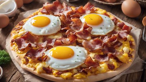 A breakfast pizza topped with crispy bacon, melted cheese, and perfectly cooked sunny-side-up eggs.