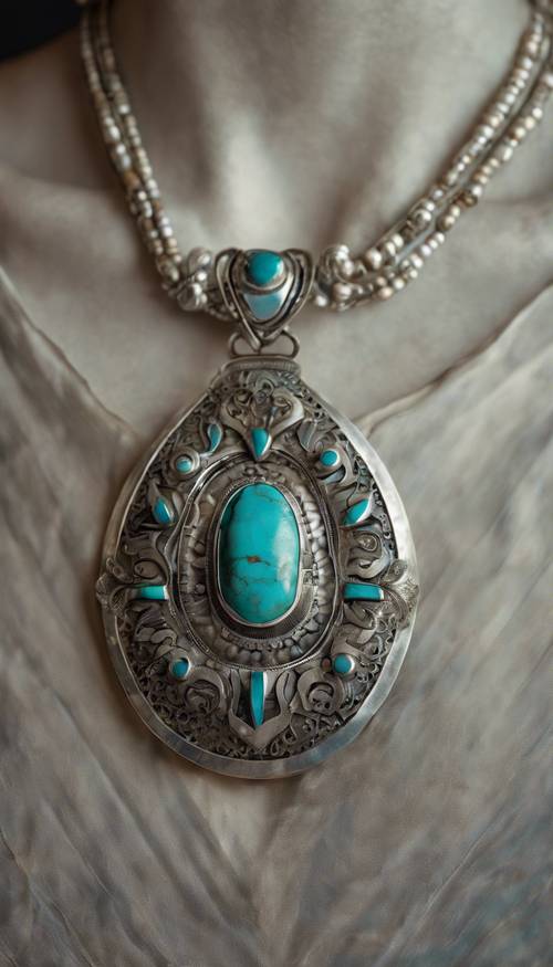 An antique Mexican handmade silver pendant with turquoise inlay.