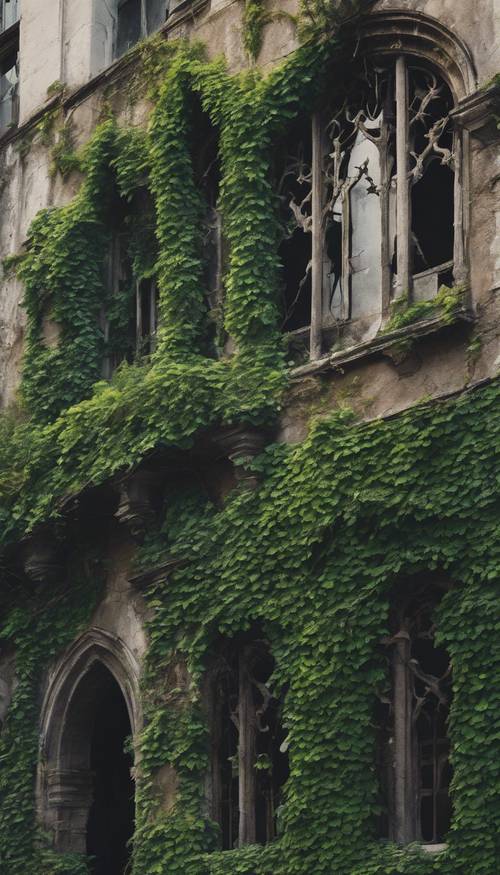Dark green Ivy gradually reclaiming an abandoned gothic-styled architectural building. Tapet [4b509c68afa942e8a95a]