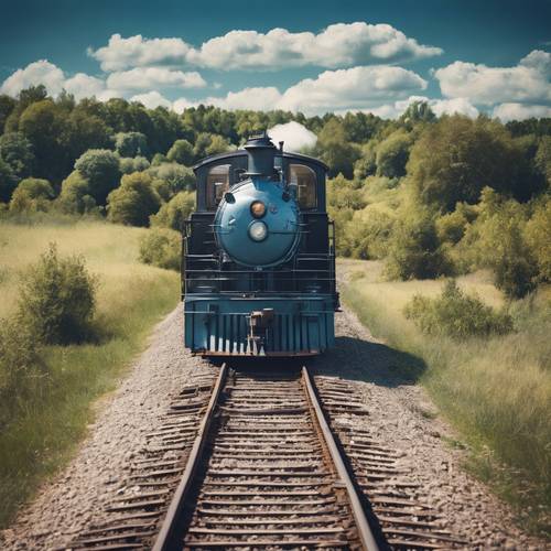 Mavi bulutlu gökyüzünün altında kırsal bir manzarada raylar boyunca seyahat eden vintage metalik tren.