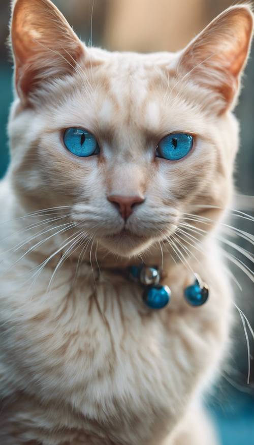 Um retrato de perto de um sofisticado gato de cor creme com impressionantes olhos azuis.