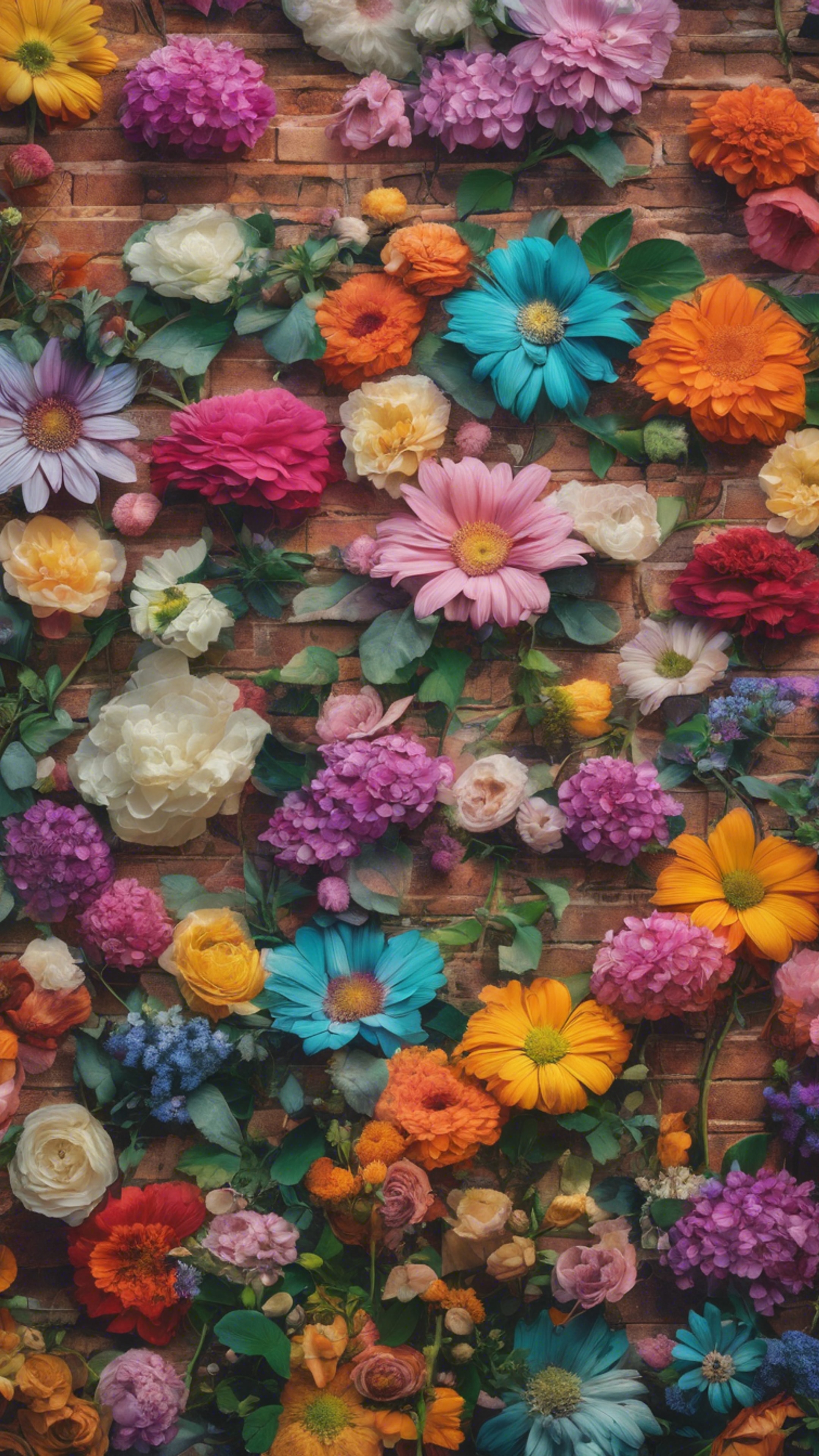 A large floral mural painted on an old brick wall, filled with vibrant colors and varying species of flowers.壁紙[e335291140e24218a496]
