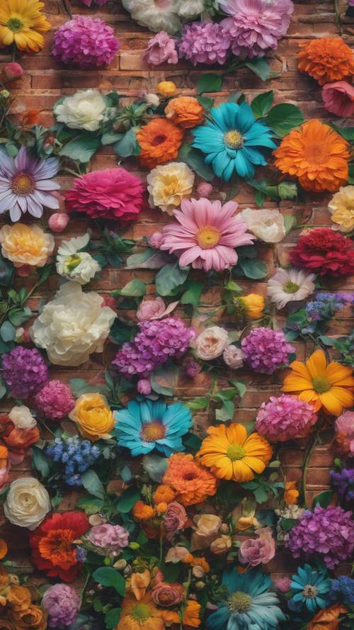 Eski bir tuğla duvara boyanmış, canlı renkler ve çeşitli çiçek türleriyle dolu büyük bir çiçekli duvar resmi.