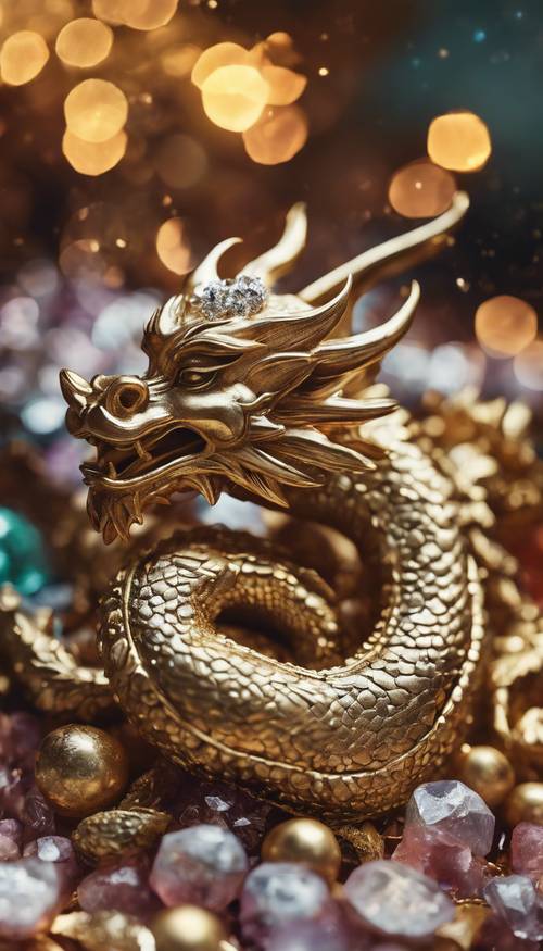 A small Chinese dragon napping peacefully on a pile of sparkling treasure.