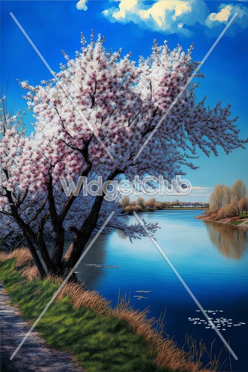 青い川辺に咲く桜の壁紙