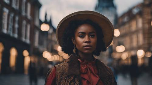 Una niña negra vestida con ropa de época, explorando un paisaje urbano del viejo mundo.