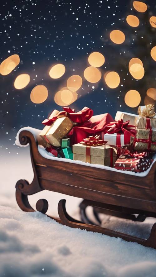 Kereta luncur kayu antik, penuh dengan hadiah yang dibungkus dengan meriah, duduk di atas selimut salju segar di bawah langit malam Natal yang diterangi bintang.
