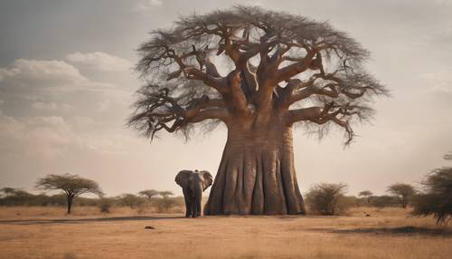 An old wise elephant solitary standing under a tall baobab tree.