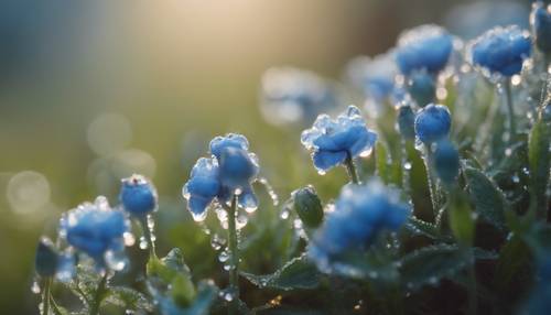 Sekelompok bunga biru kecil yang lucu diselimuti embun pagi yang sebening kristal.