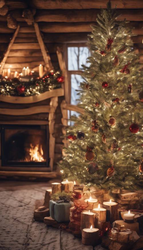 A rustic, log cabin interior with a crackling fire in the hearth and Christmas decorations.