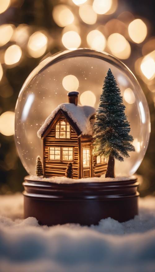 A snow globe of a tiny house and a fir tree under the glow of warm Christmas lights.