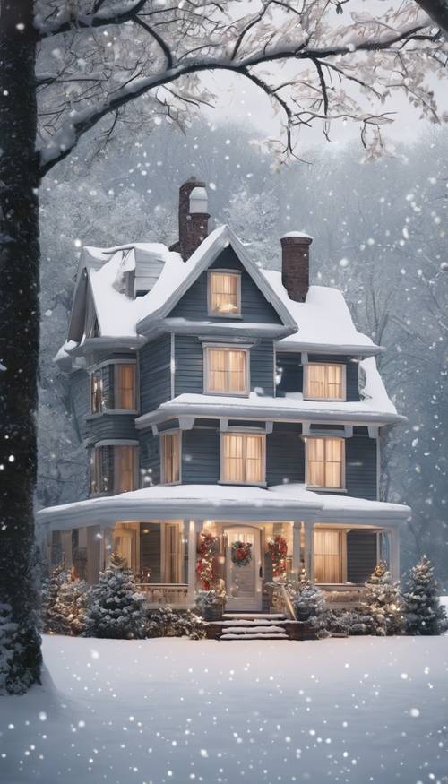 A serene early-morning Christmas scene depicting a vintage 1930s home with fresh snowfall. Tapetai [a2a9d10d23624a779f44]