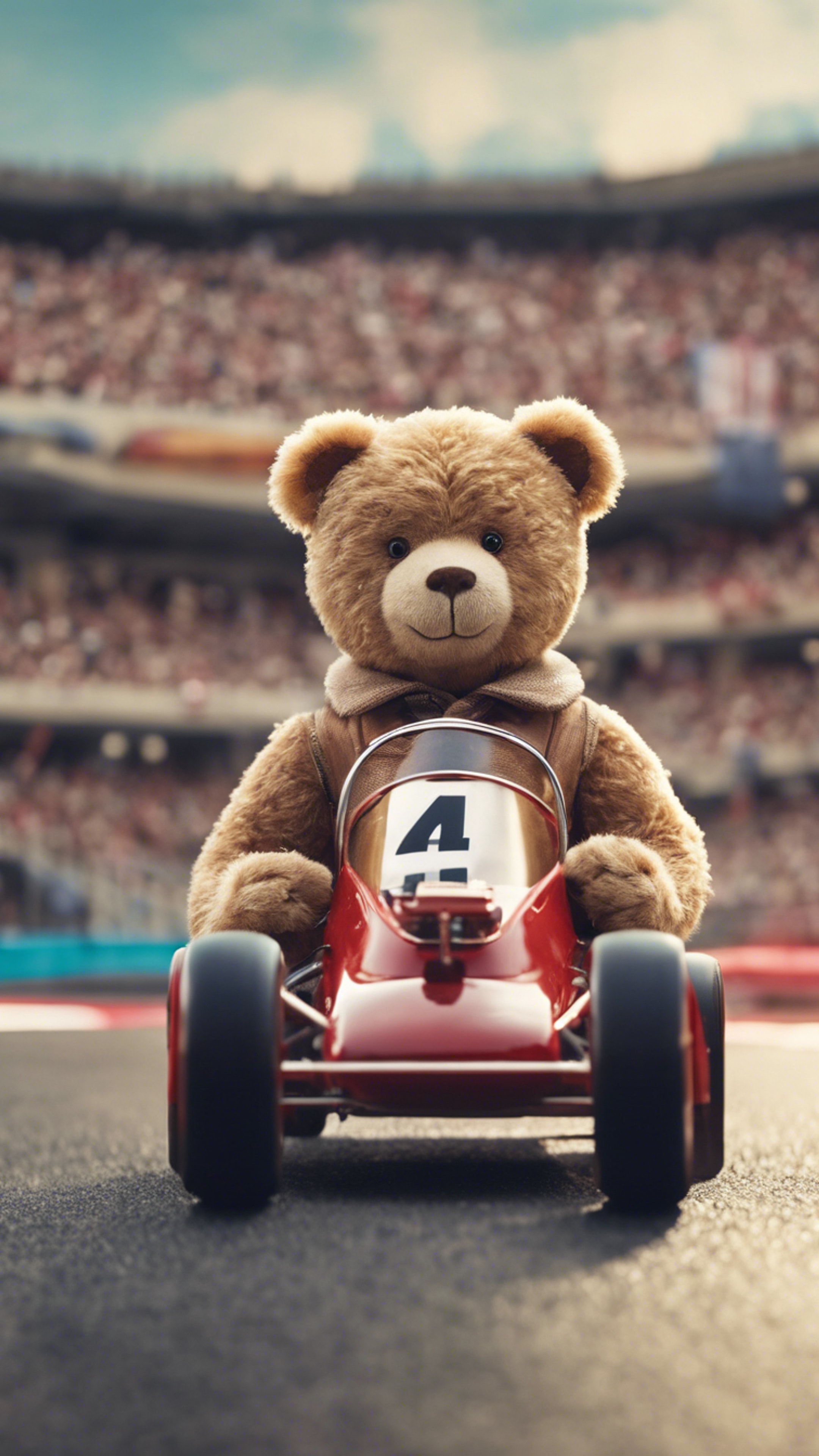 A teddy bear race car driver at the starting line of a dramatic toy car race scene.壁紙[1e4e33eb73094b6b9484]