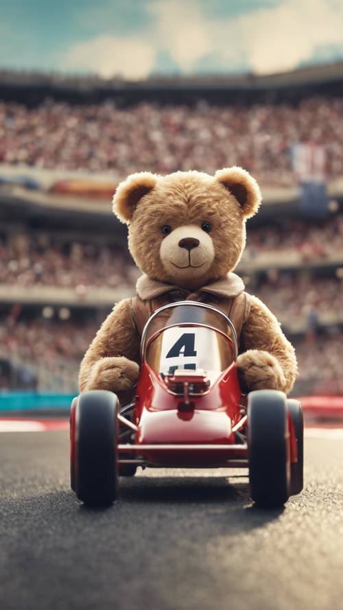A teddy bear race car driver at the starting line of a dramatic toy car race scene.