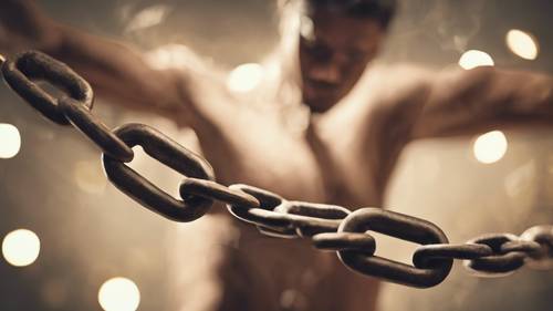 Creación artística de una persona liberándose de una cadena que representa la liberación tras la pérdida de peso.
