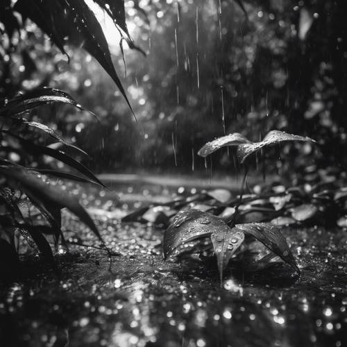 ภาพขาวดำอันงดงามของป่าไม้ท่ามกลางฤดูฝน แสดงให้เห็นหยดน้ำบนใบไม้และแอ่งน้ำบนพื้น