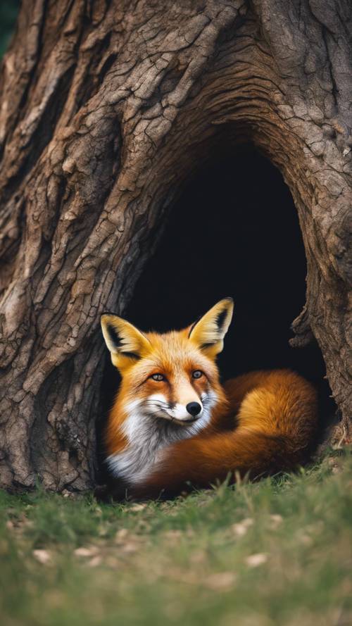 一隻疲憊的狐狸在一棵古老的大樹幹的陰影下休息。