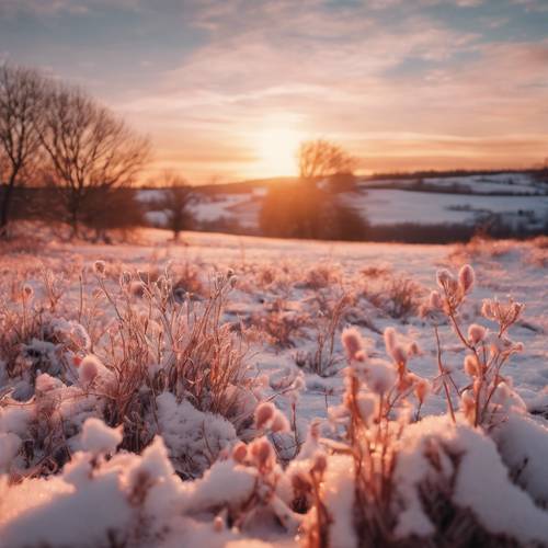 A rosy winter sunset bathing a tranquil countryside in a soothing, warm light.