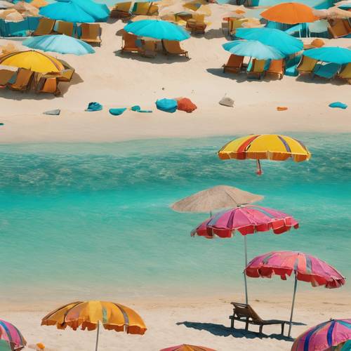 Urzekająca scena na plaży z kolorową mieszanką parasoli plażowych na tle turkusowo-niebieskiego morza.