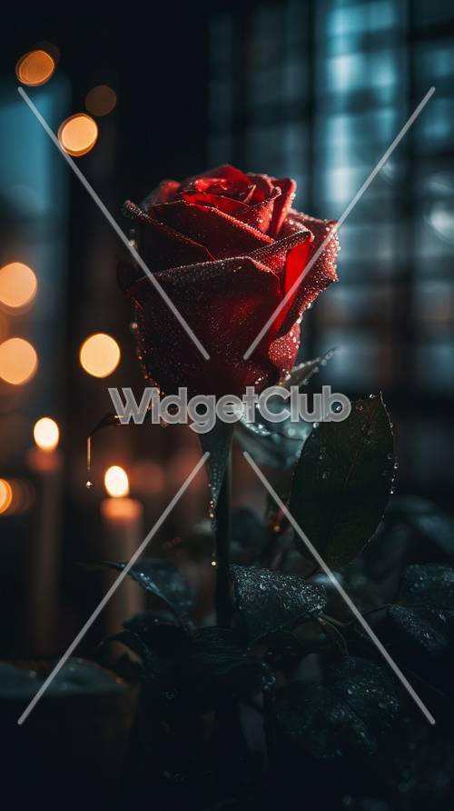 忧郁灯光下的红玫瑰和露珠