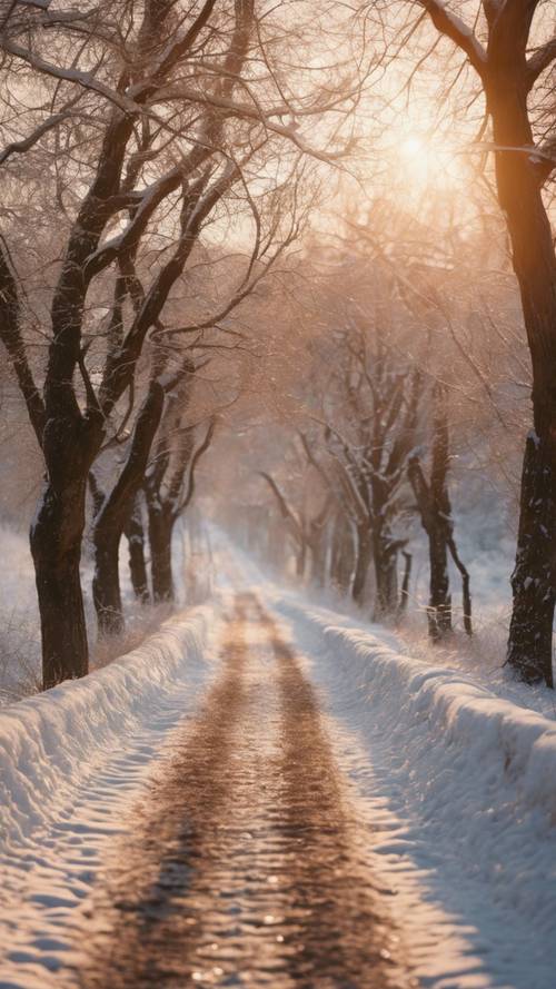 Pokryta śniegiem francuska wiejska uliczka otoczona nagimi drzewami, skąpana w delikatnym blasku zimowego zachodu słońca.