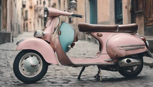 An old pastel-colored Vespa scooter parked on a cobblestone street in the 1960s.