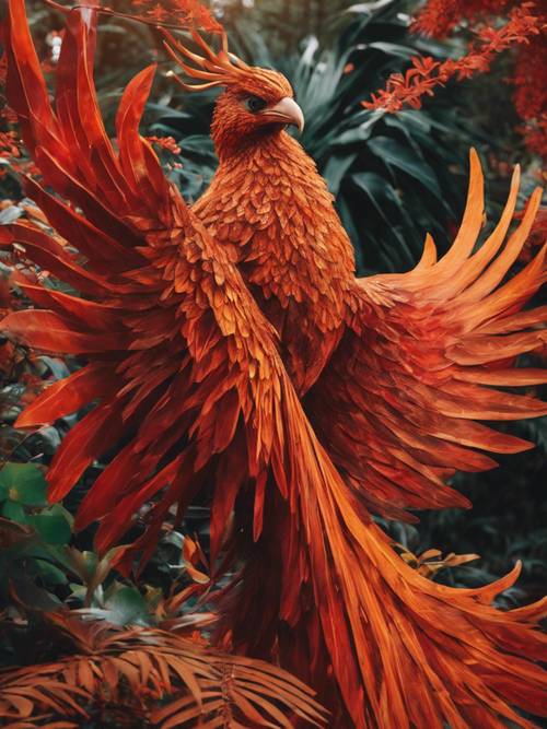 一隻巨大的鳳凰，顏色呈現焦橙色和鮮紅色，熟練地穿過茂密的綠葉叢林。