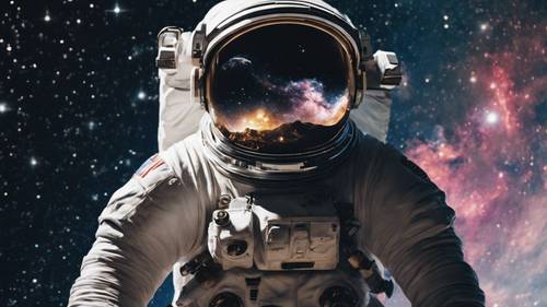 宇宙飛行士が黒い銀河の静かな空間を漂っているイメージの壁紙