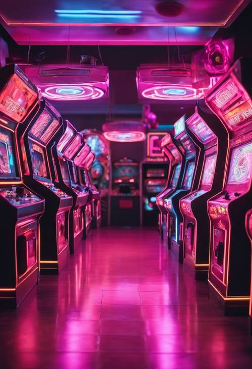 Trò chơi arcade cổ điển rực sáng với ánh sáng màu hồng neon