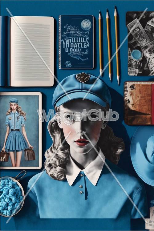 青色のレトロなスタイルの制服ファッションアート