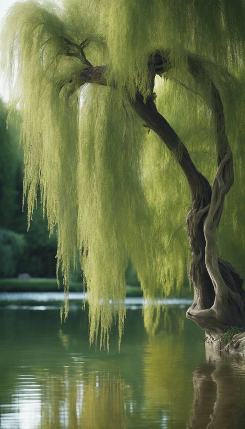 Eine salbeigrüne Weide, die sich über einen friedlichen Teich in einem ruhigen Garten lehnt