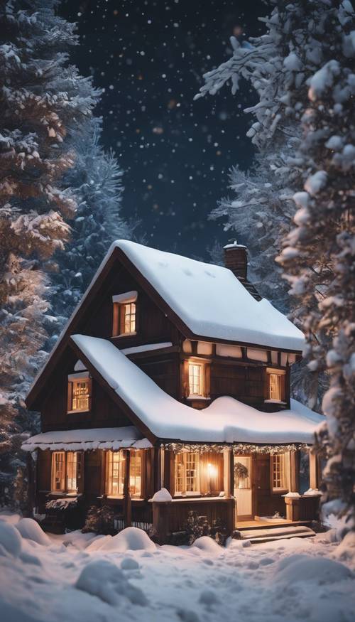 منزل ريفي مريح يقع بين الأشجار المغطاة بالثلوج خلال ليلة شتوية هادئة.